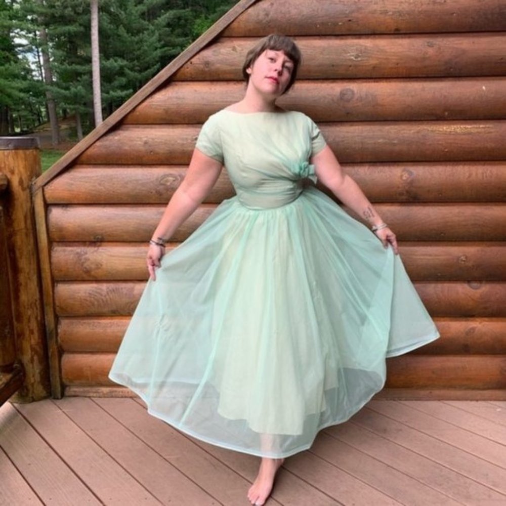 Vintage 50s Fit Flare Organza Tea Length Dress M